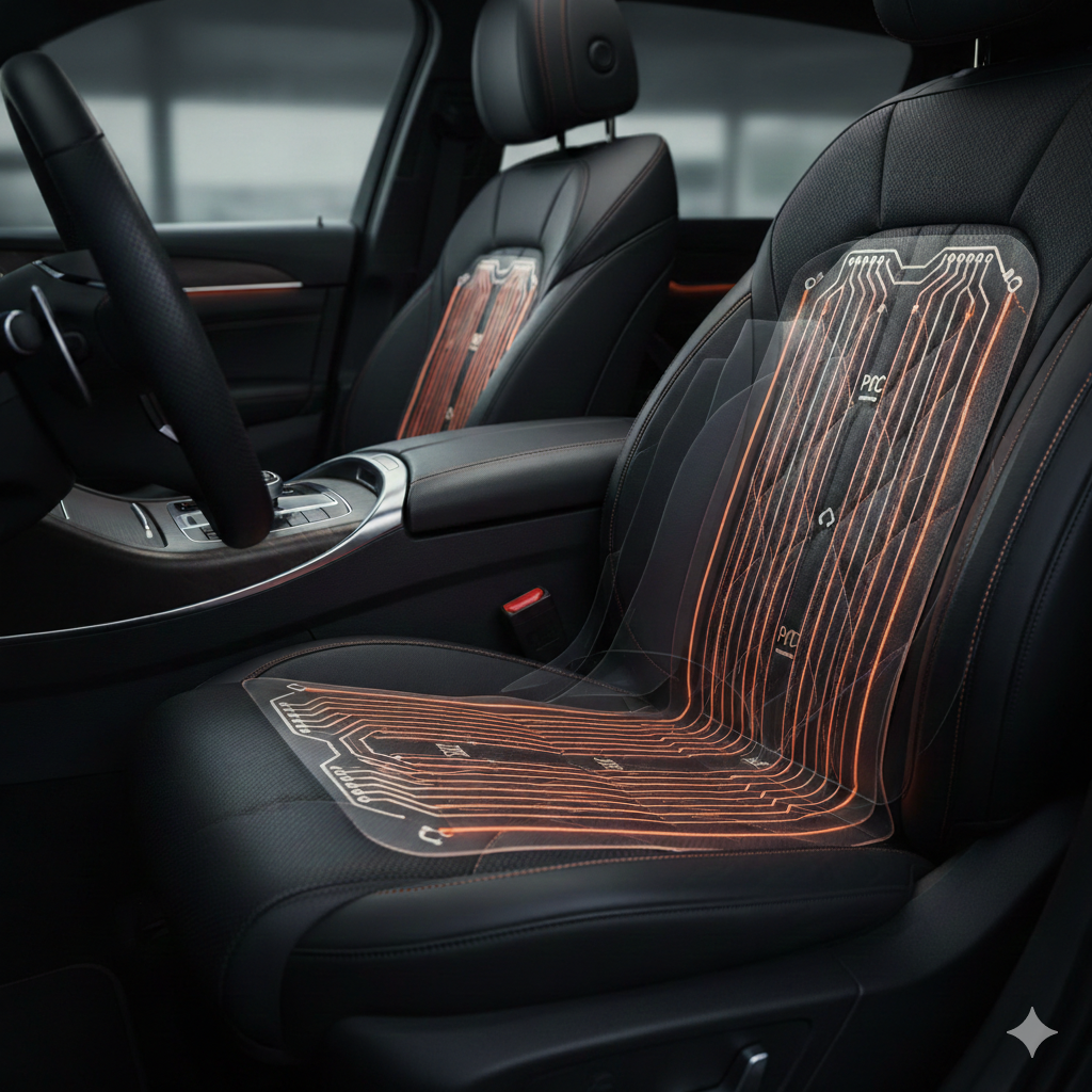 Customized PTC heating film for luxury car seat heating showing flexible structure and uniform heat distribution.