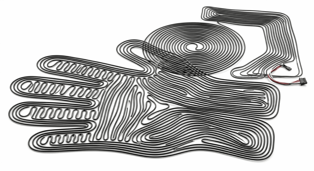 Custom heating wire elements pre-shaped for heated gloves, socks, and circular bowls, displayed on a clean white background.