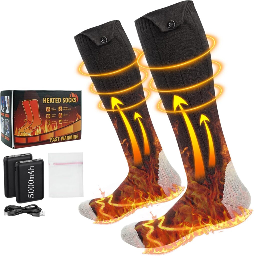 Battery-powered electric heated socks with fast warming technology, including 5000mAh batteries and charging cable.